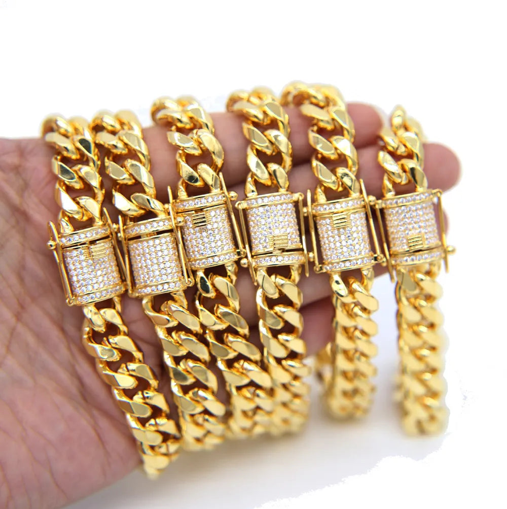 Hip Hop Cuban Chain Necklace 5A Cz Paved Clasp for Men Jewelry with Gold Filled Long Chains Miami Necklaces Mens Jewelry