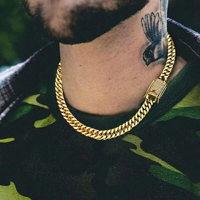 Hip Hop Cuban Chain Necklace 5A Cz Paved Clasp for Men Jewelry with Gold Filled Long Chains Miami Necklaces Mens Jewelry