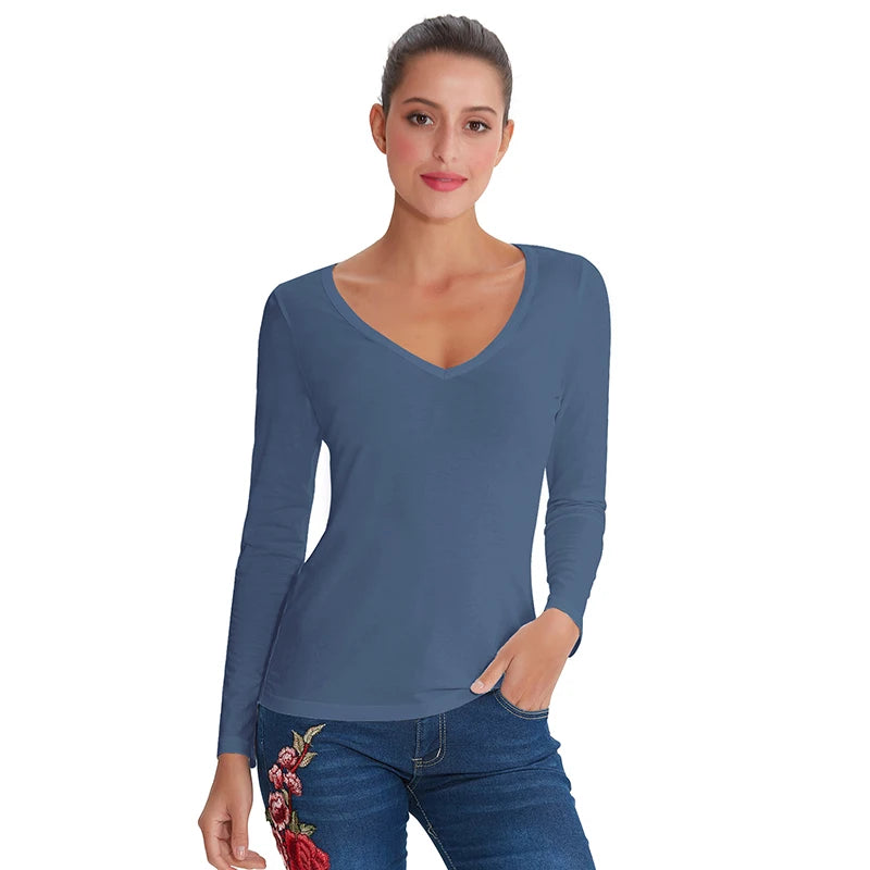 94% Cotton Woman T-Shirt Casual Long Sleeve Tees V-Neck Streetwear Top Harajuku Basic Woman Clothes