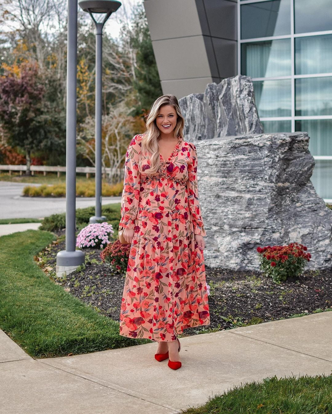 Women'S Red Floral Maxi Dresses Casual Deep V Neck Long Sleeve Evening Dress Cocktail Party Dress for Women, US 8-10(M)