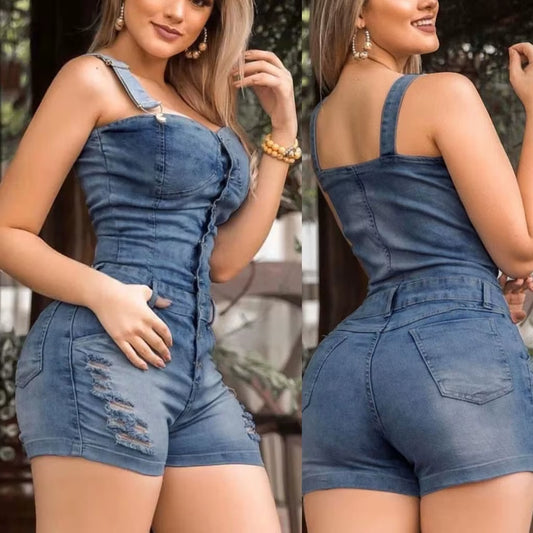 Womens' Jumpsuits Cropped Pants Fit Sleeveless Overalls Casual Streetwear Denim Pants for Womens Hole Jumpsuits Summer Shorts