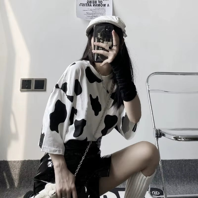 Harajuku Tees Fashion Harajuku T-Shirt Woman Tshirts Cow Print Oversized Casual Loose Short Sleeve T-Shirt Streetwear Tops