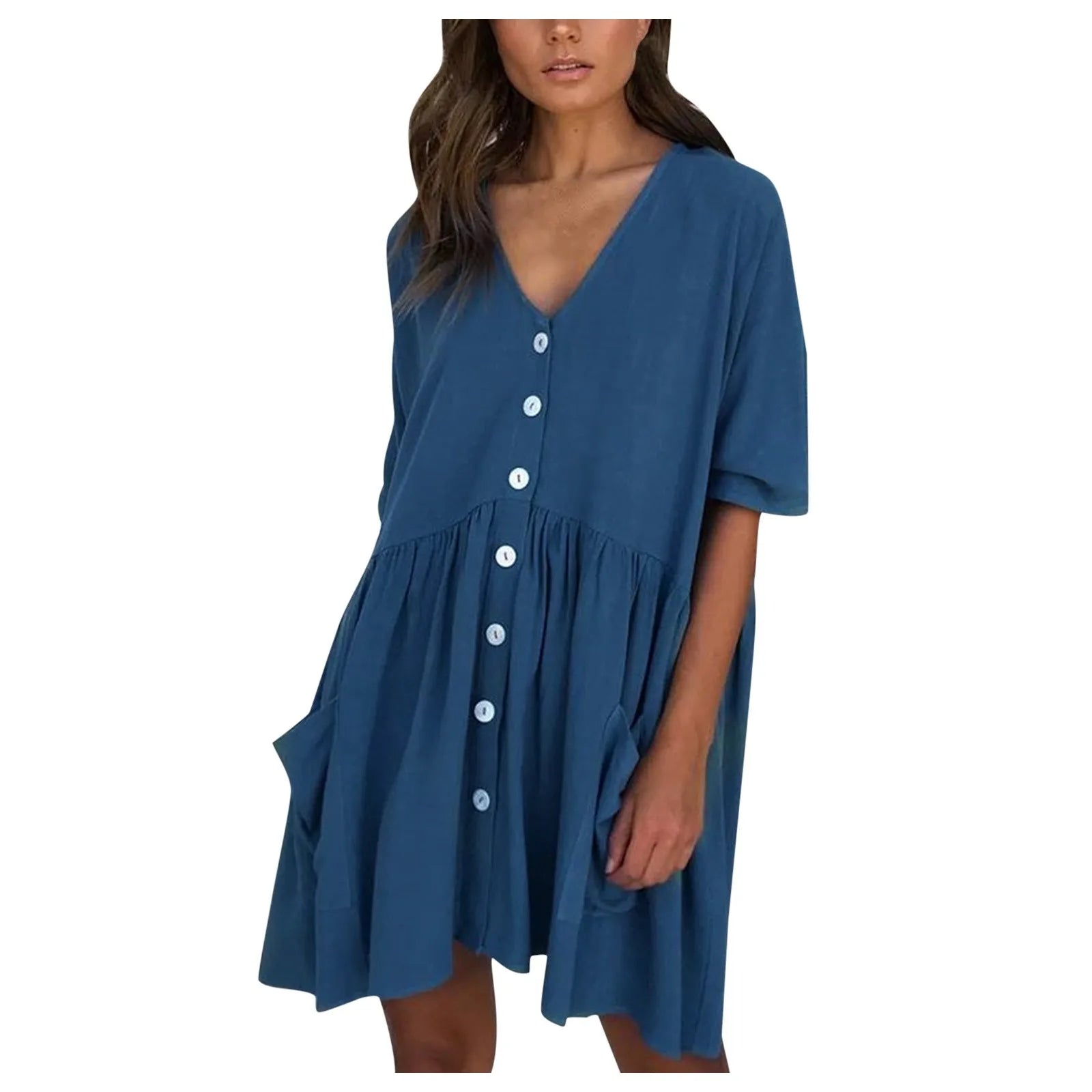 Women'S Dress Loose High Waist Draped Half Sleeve Mini Dress Casual Single Breasted Pocket Ladies Dress Summer Vestidos