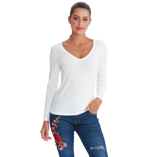 94% Cotton Woman T-Shirt Casual Long Sleeve Tees V-Neck Streetwear Top Harajuku Basic Woman Clothes