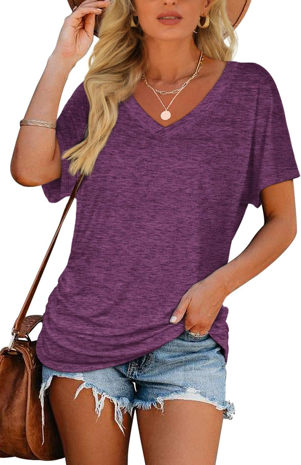 Womens Short Sleeve V Neck Dolman Tops with Side Shirring Loose Fit Shirts