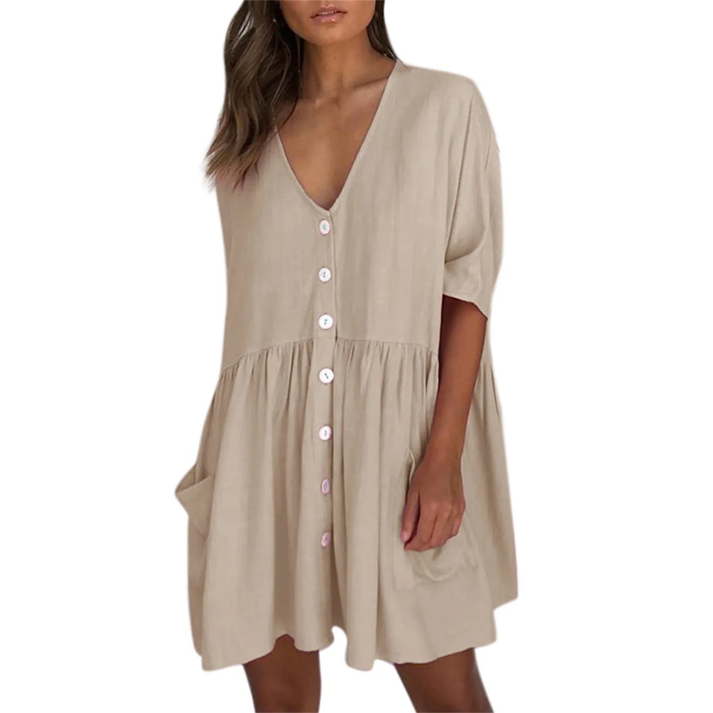 Women'S Dress Loose High Waist Draped Half Sleeve Mini Dress Casual Single Breasted Pocket Ladies Dress Summer Vestidos