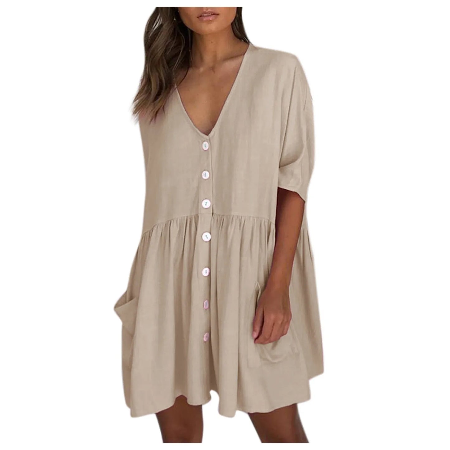 Women'S Dress Loose High Waist Draped Half Sleeve Mini Dress Casual Single Breasted Pocket Ladies Dress Summer Vestidos