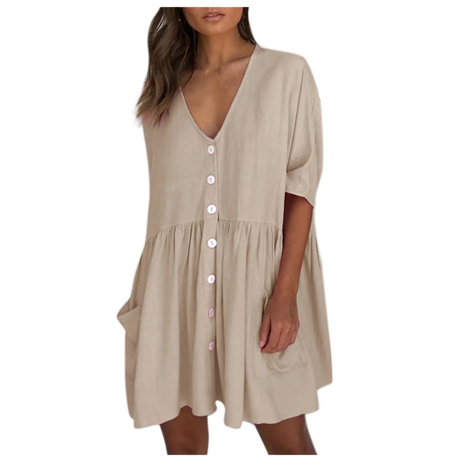 Women'S Dress Loose High Waist Draped Half Sleeve Mini Dress Casual Single Breasted Pocket Ladies Dress Summer Vestidos