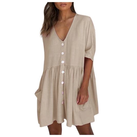 Women'S Dress Loose High Waist Draped Half Sleeve Mini Dress Casual Single Breasted Pocket Ladies Dress Summer Vestidos