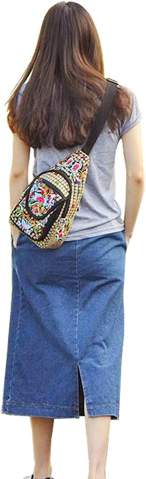 Embroidered Canvas Sling Backpack for Women Travel Chest Bag Crossbody Backpack Purse Shoulder Bag Medium