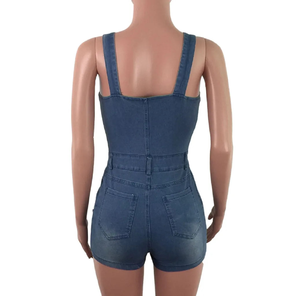 Womens' Jumpsuits Cropped Pants Fit Sleeveless Overalls Casual Streetwear Denim Pants for Womens Hole Jumpsuits Summer Shorts