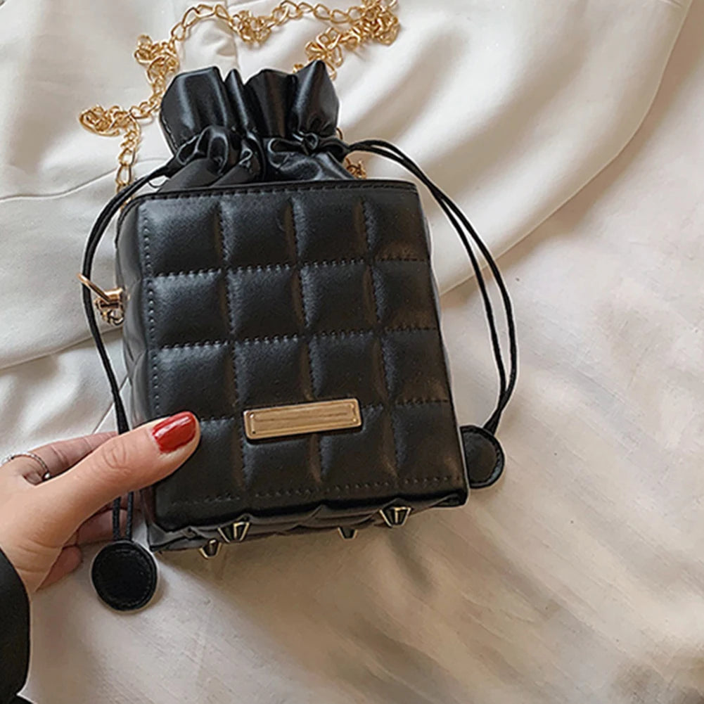 Vintage Checker Chain Cube Messenger Bag Women Drawstring PU Leather Small Purse
