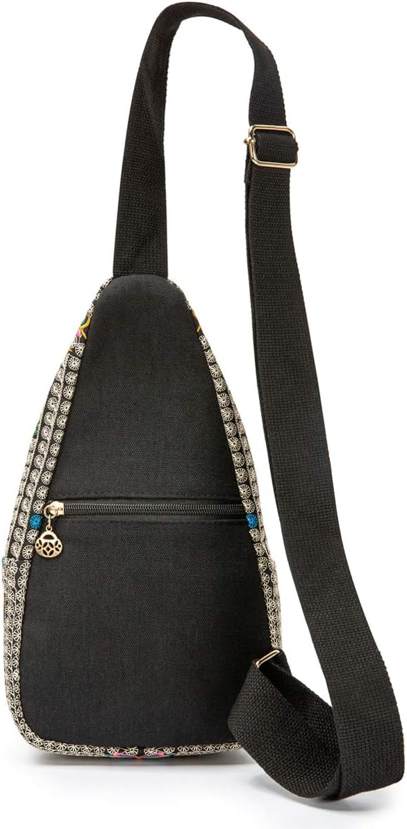 Embroidered Canvas Sling Backpack for Women Travel Chest Bag Crossbody Backpack Purse Shoulder Bag Medium