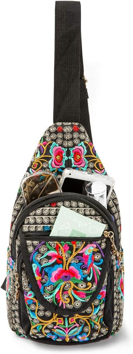 Embroidered Canvas Sling Backpack for Women Travel Chest Bag Crossbody Backpack Purse Shoulder Bag Medium