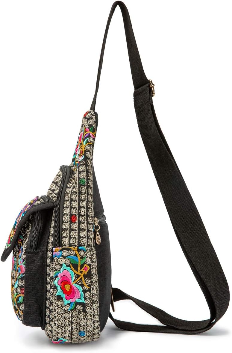 Embroidered Canvas Sling Backpack for Women Travel Chest Bag Crossbody Backpack Purse Shoulder Bag Medium