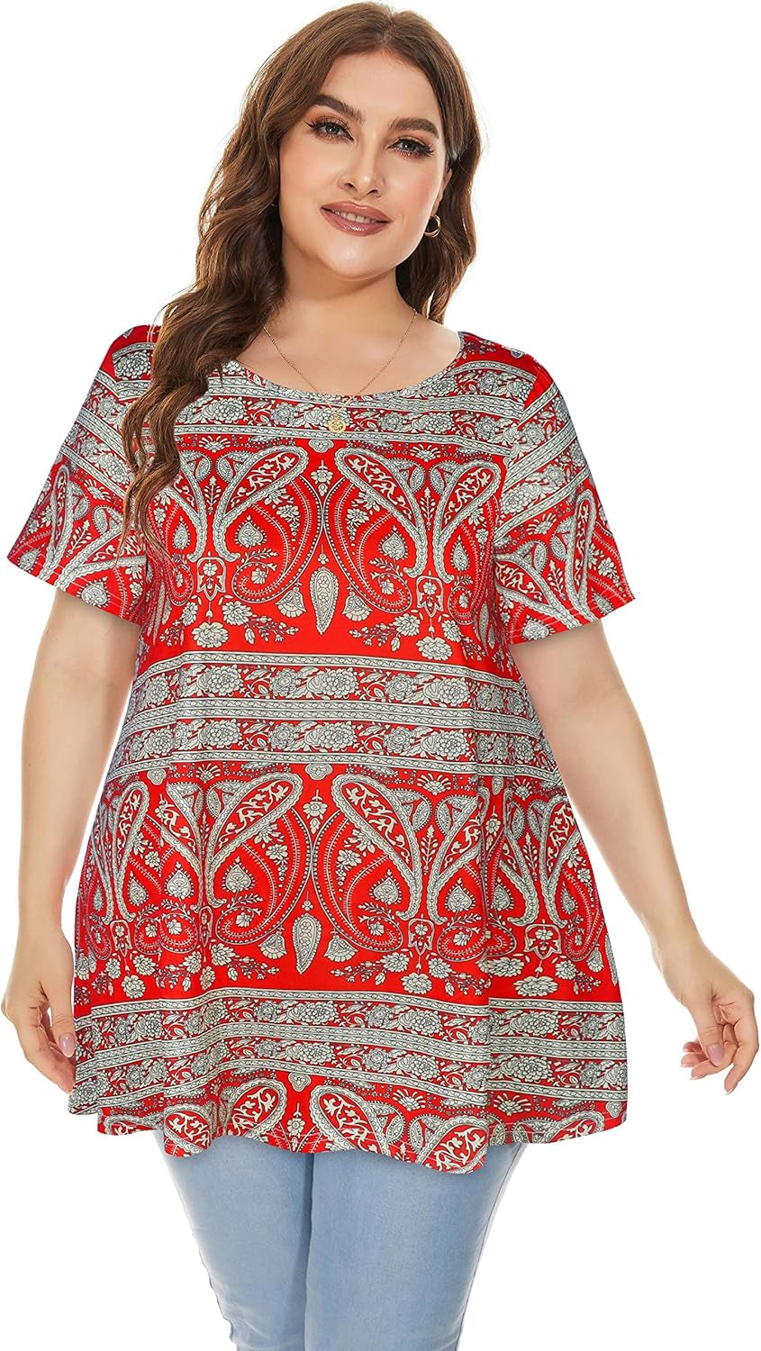 plus Size Tops for Women Tunic Floral Casual Short Sleeves T Shirts Flowy Blouses