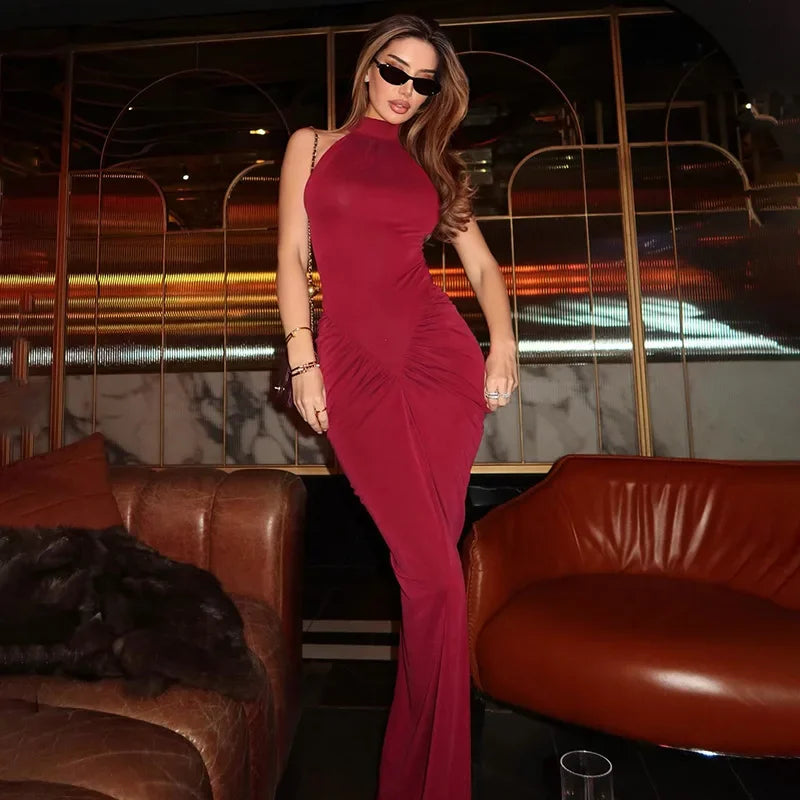 Summer New Style Women'S Dress 104 Fashion Pure Color Sleeveless Pleated Design Sexy Slimming Long Skirt Pure Desire Style