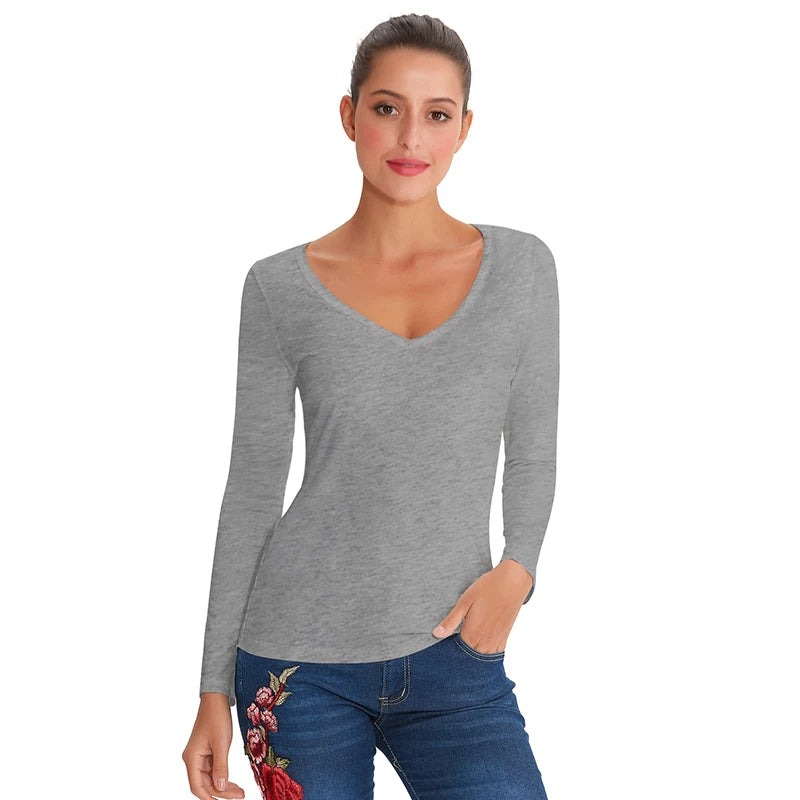 94% Cotton Woman T-Shirt Casual Long Sleeve Tees V-Neck Streetwear Top Harajuku Basic Woman Clothes