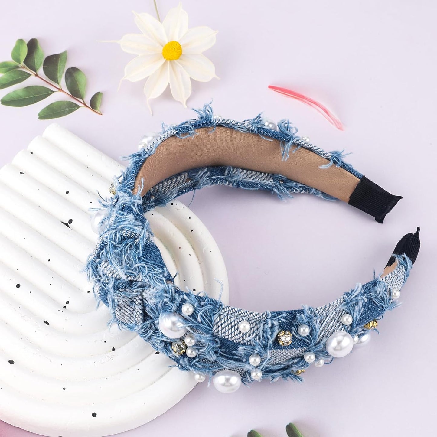 Denim Headband Pearl Knotted Hairband for Women Girls Cute Sparkle Diamond Headband Non Slip Embellished Wide Top Knot Hairband for Thin Thick Long Curly Hair Accessories Party Decoration