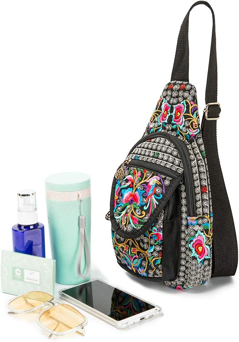 Embroidered Canvas Sling Backpack for Women Travel Chest Bag Crossbody Backpack Purse Shoulder Bag Medium