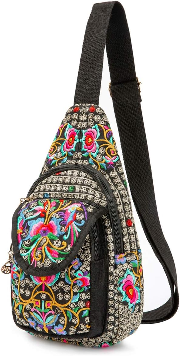 Embroidered Canvas Sling Backpack for Women Travel Chest Bag Crossbody Backpack Purse Shoulder Bag Medium