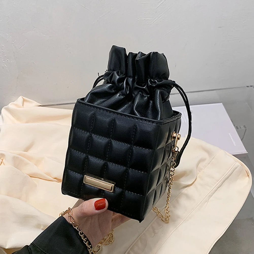 Vintage Checker Chain Cube Messenger Bag Women Drawstring PU Leather Small Purse
