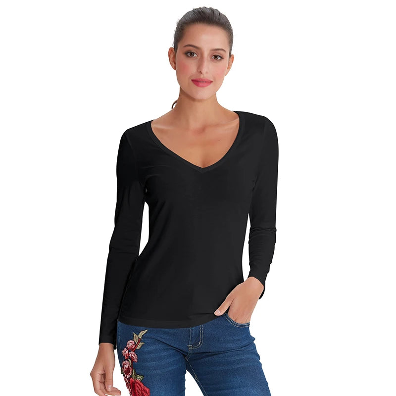 94% Cotton Woman T-Shirt Casual Long Sleeve Tees V-Neck Streetwear Top Harajuku Basic Woman Clothes