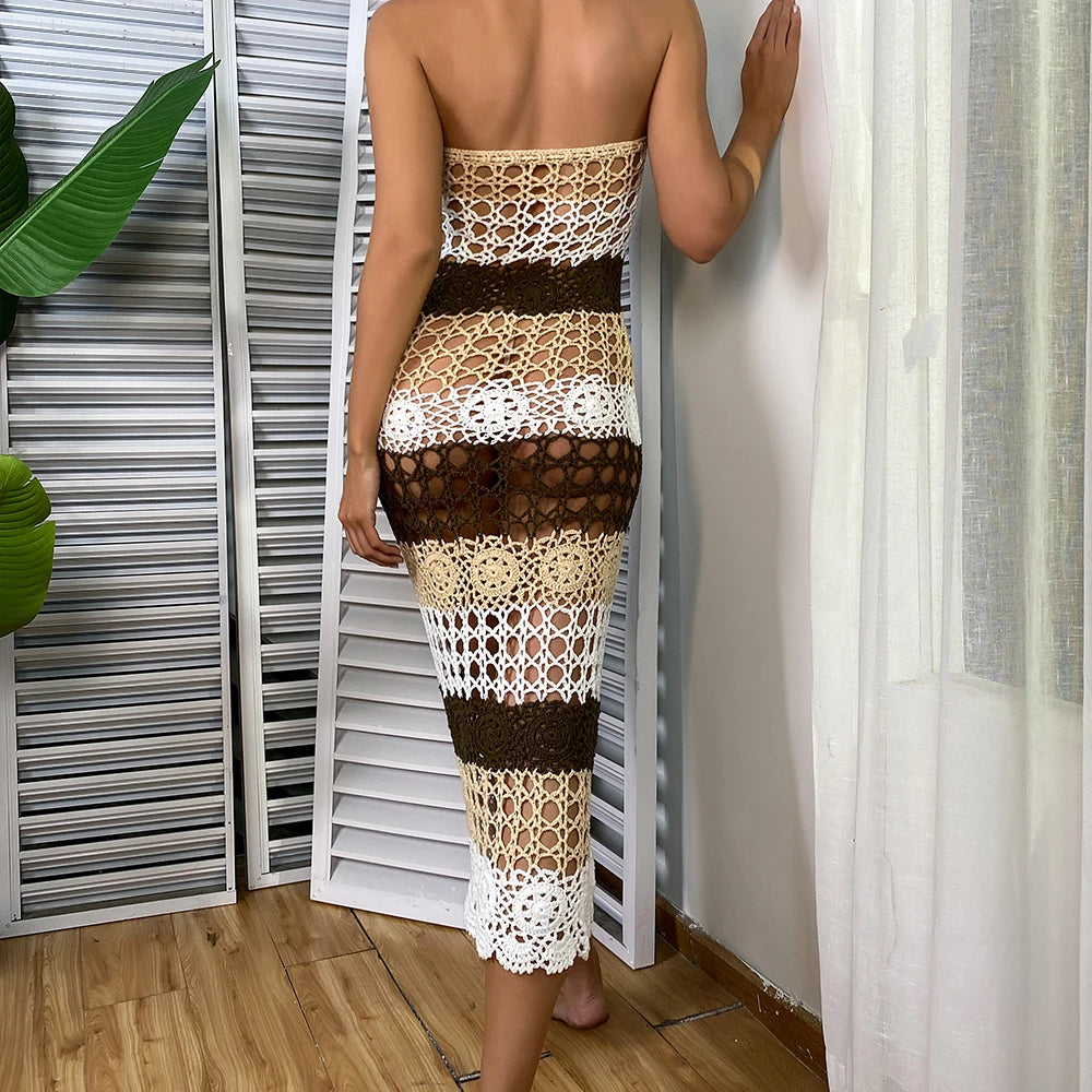 Women Lace Crochet Stitching Maxi Dress Beach Dress Bohemian Summer Casual Dress Cover up Swimsuit Beachwear