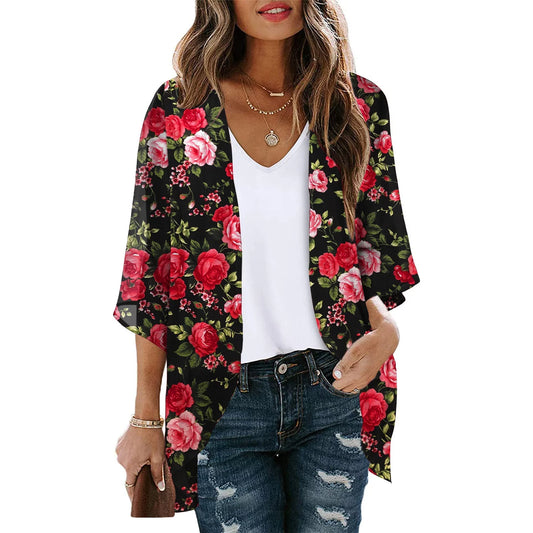 Women'S Beach Kimono Coverup Sheer Chiffon Cover Ups Casual Loose 3/4 Sleeve Floral Open Front Boho Cardigan Tops
