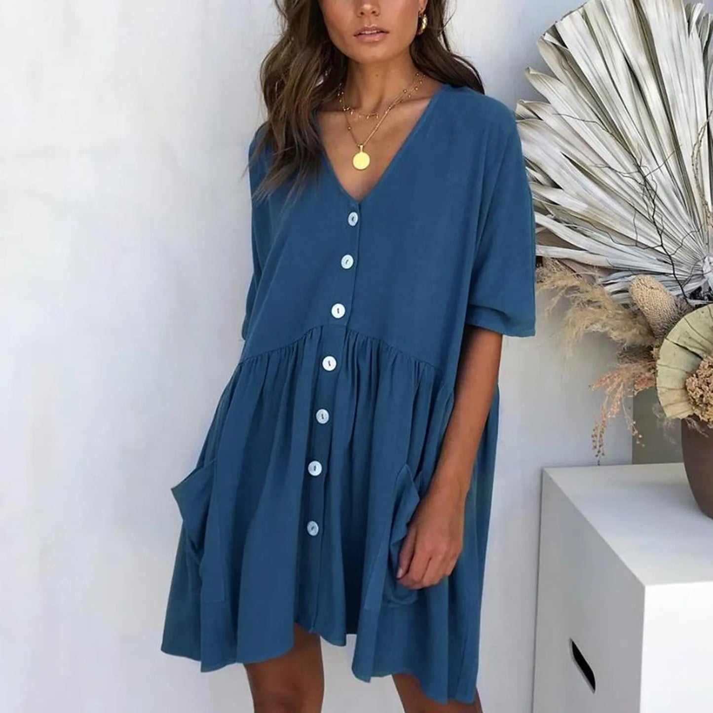 Women'S Dress Loose High Waist Draped Half Sleeve Mini Dress Casual Single Breasted Pocket Ladies Dress Summer Vestidos