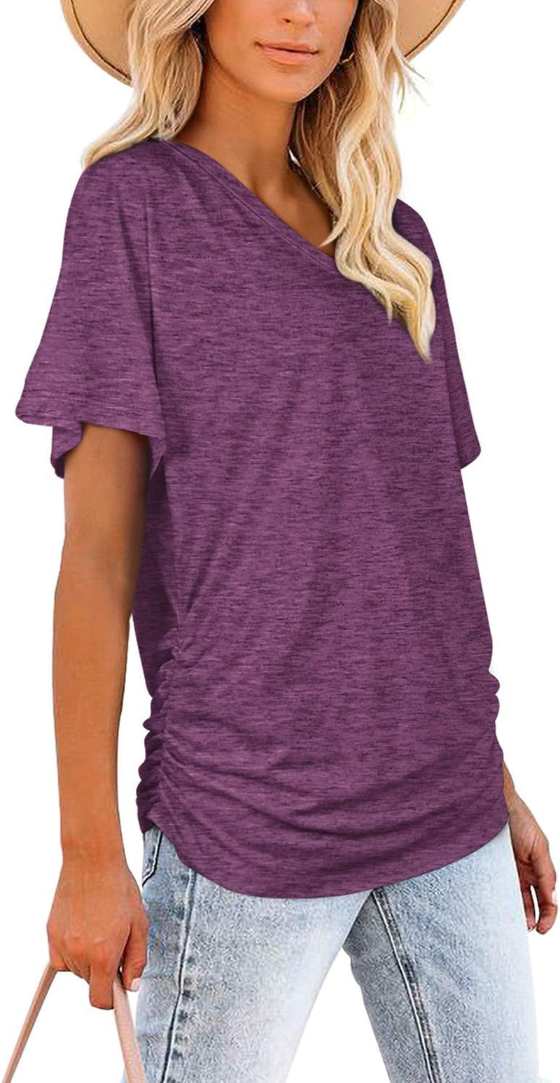 Womens Short Sleeve V Neck Dolman Tops with Side Shirring Loose Fit Shirts
