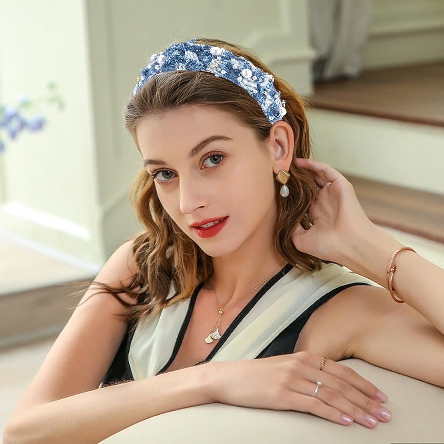 Denim Headband Pearl Knotted Hairband for Women Girls Cute Sparkle Diamond Headband Non Slip Embellished Wide Top Knot Hairband for Thin Thick Long Curly Hair Accessories Party Decoration