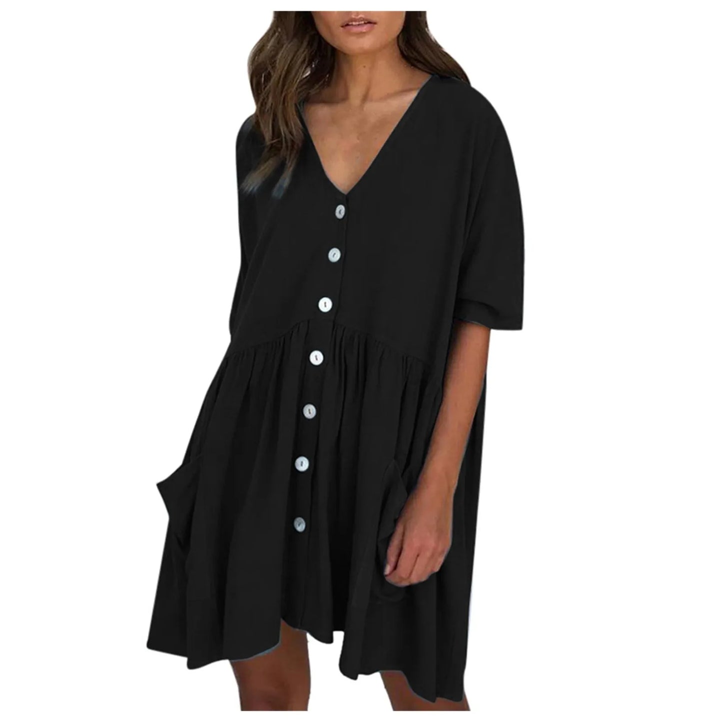 Women'S Dress Loose High Waist Draped Half Sleeve Mini Dress Casual Single Breasted Pocket Ladies Dress Summer Vestidos