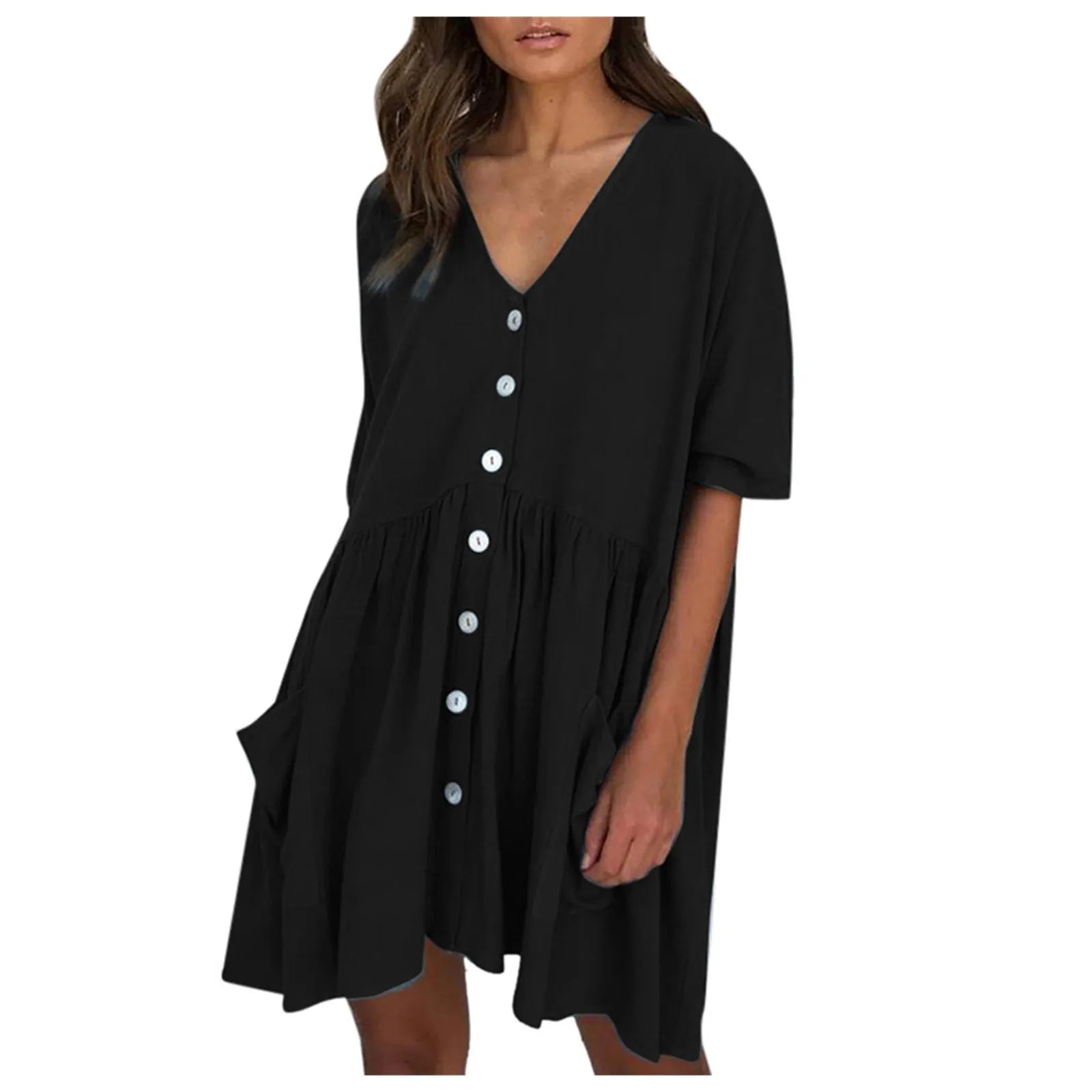 Women'S Dress Loose High Waist Draped Half Sleeve Mini Dress Casual Single Breasted Pocket Ladies Dress Summer Vestidos
