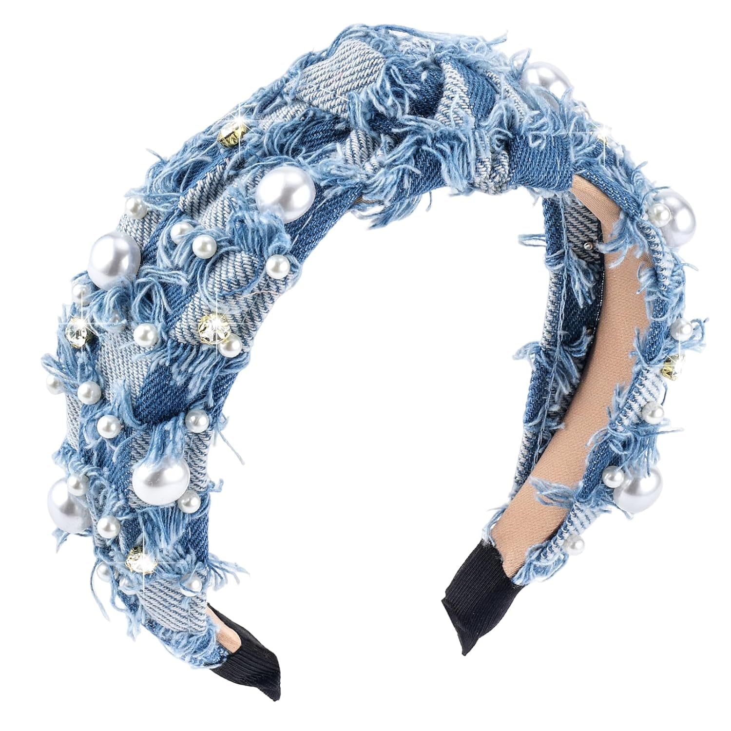 Denim Headband Pearl Knotted Hairband for Women Girls Cute Sparkle Diamond Headband Non Slip Embellished Wide Top Knot Hairband for Thin Thick Long Curly Hair Accessories Party Decoration