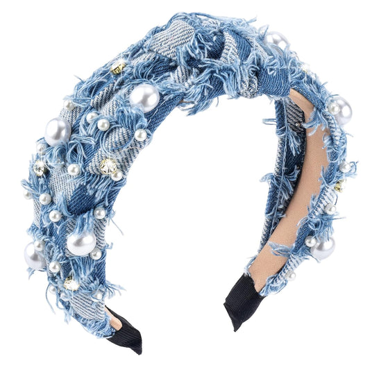 Denim Headband Pearl Knotted Hairband for Women Girls Cute Sparkle Diamond Headband Non Slip Embellished Wide Top Knot Hairband for Thin Thick Long Curly Hair Accessories Party Decoration