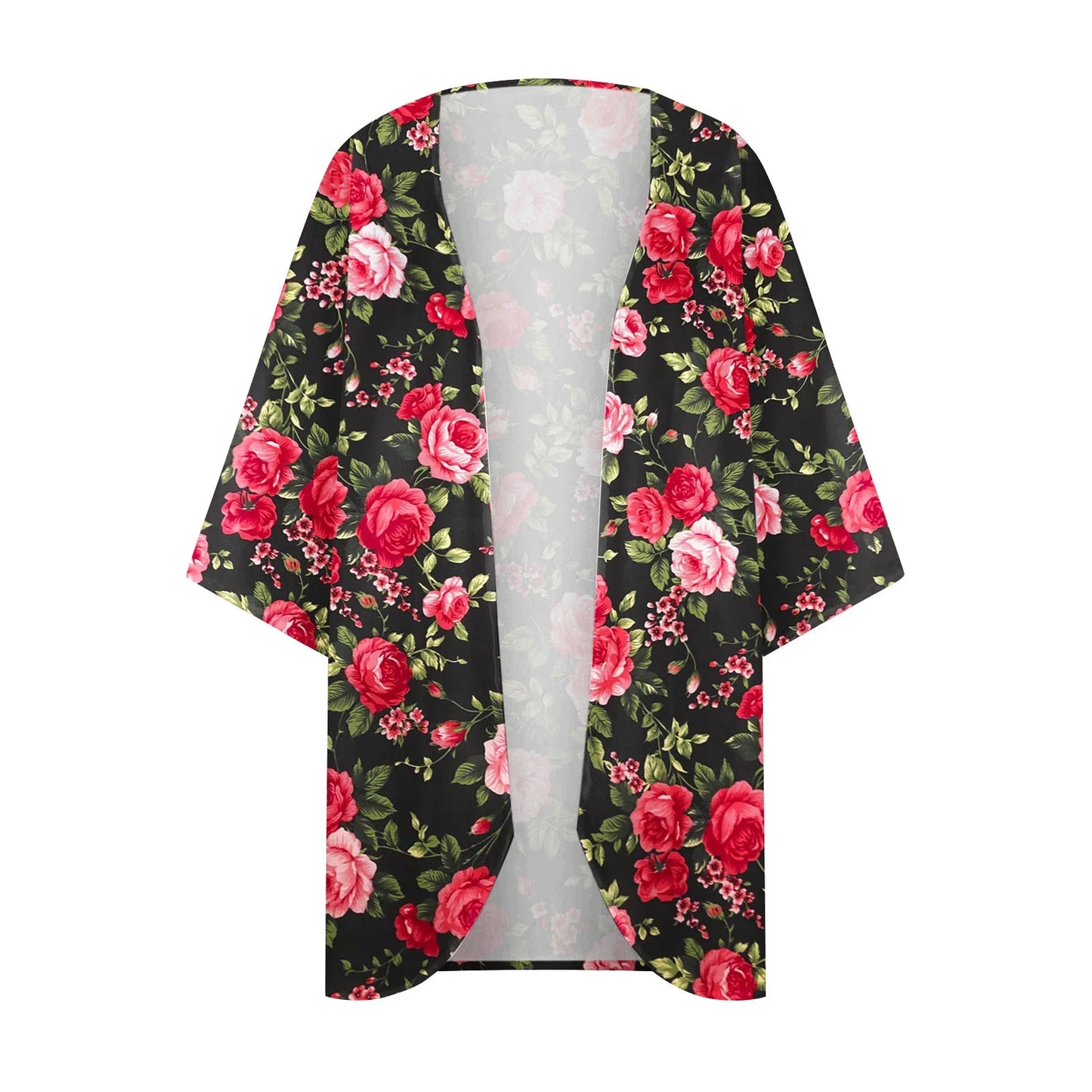 Women'S Beach Kimono Coverup Sheer Chiffon Cover Ups Casual Loose 3/4 Sleeve Floral Open Front Boho Cardigan Tops