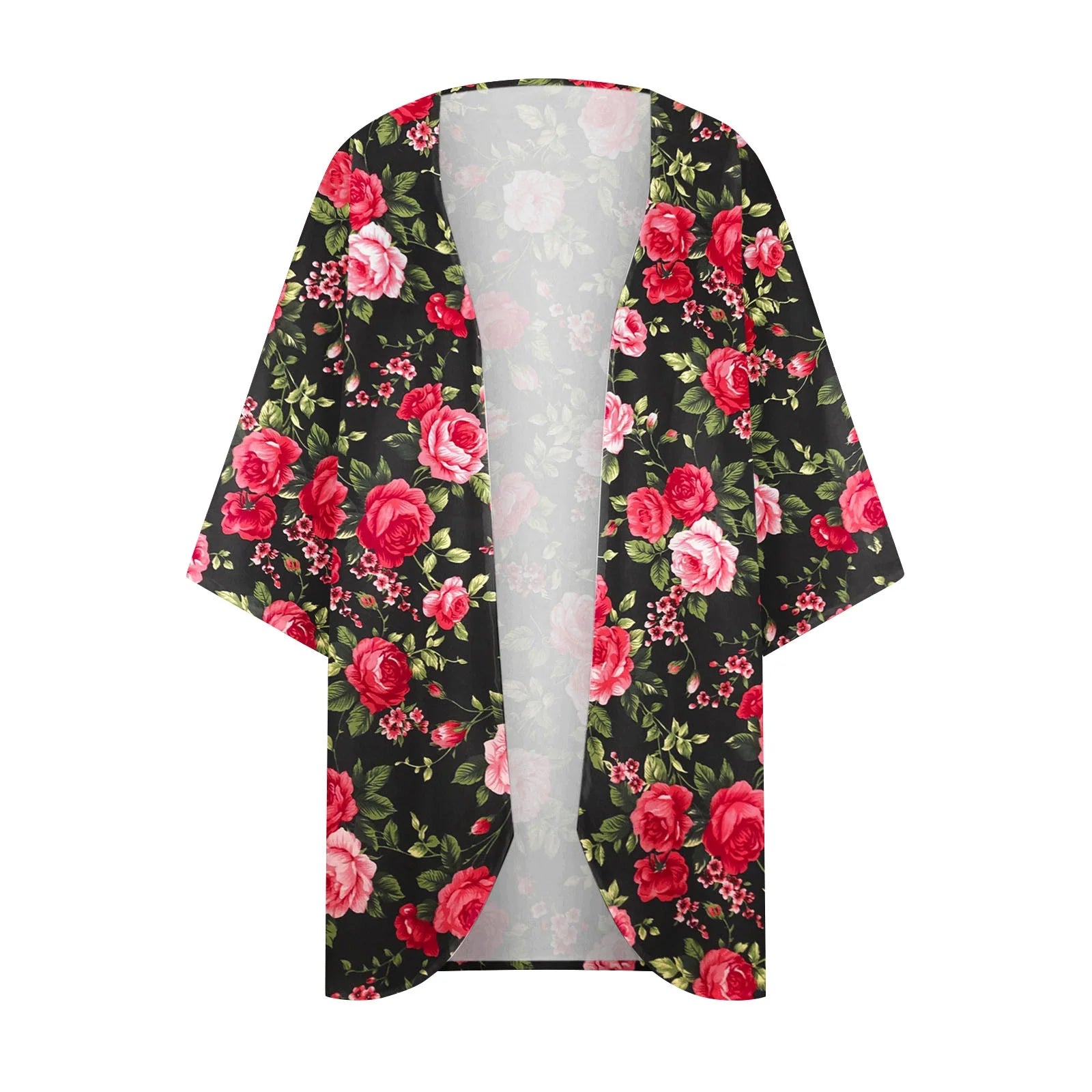 Women'S Beach Kimono Coverup Sheer Chiffon Cover Ups Casual Loose 3/4 Sleeve Floral Open Front Boho Cardigan Tops