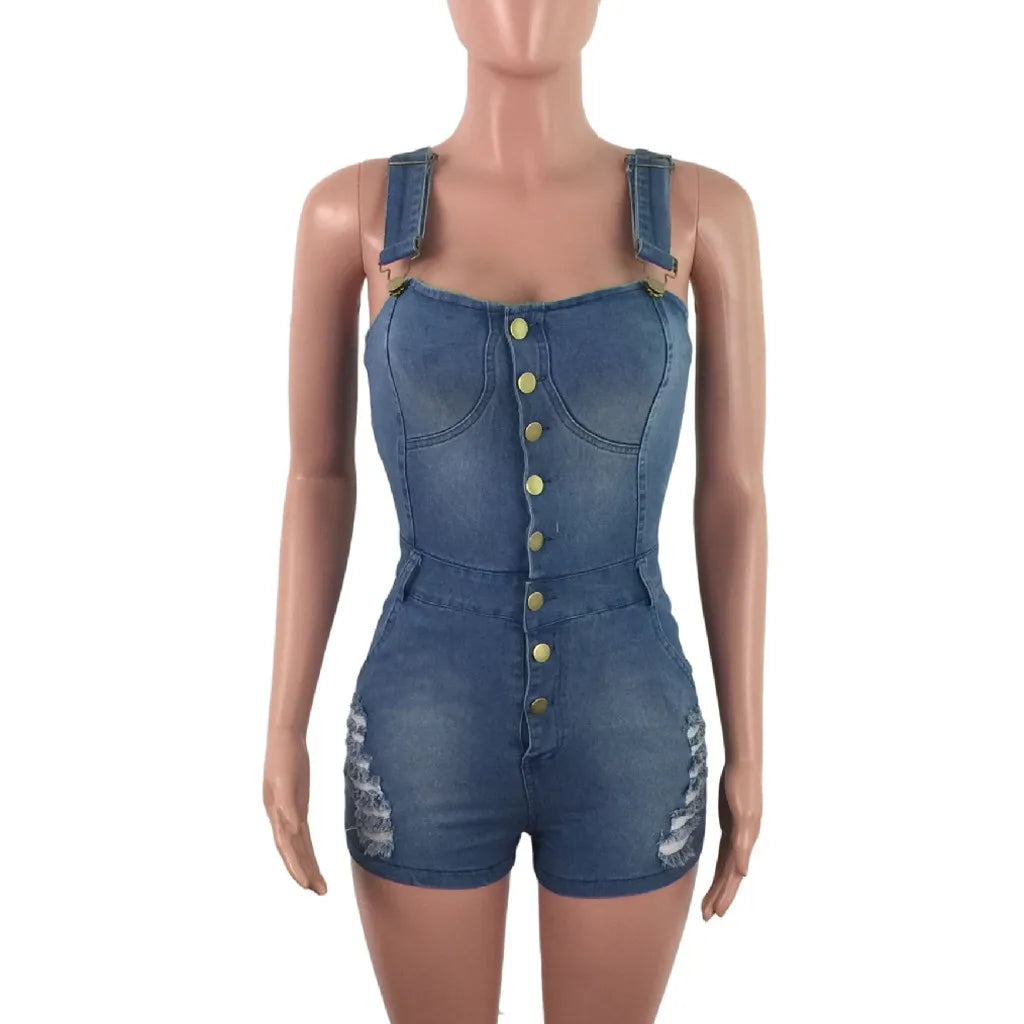 Womens' Jumpsuits Cropped Pants Fit Sleeveless Overalls Casual Streetwear Denim Pants for Womens Hole Jumpsuits Summer Shorts