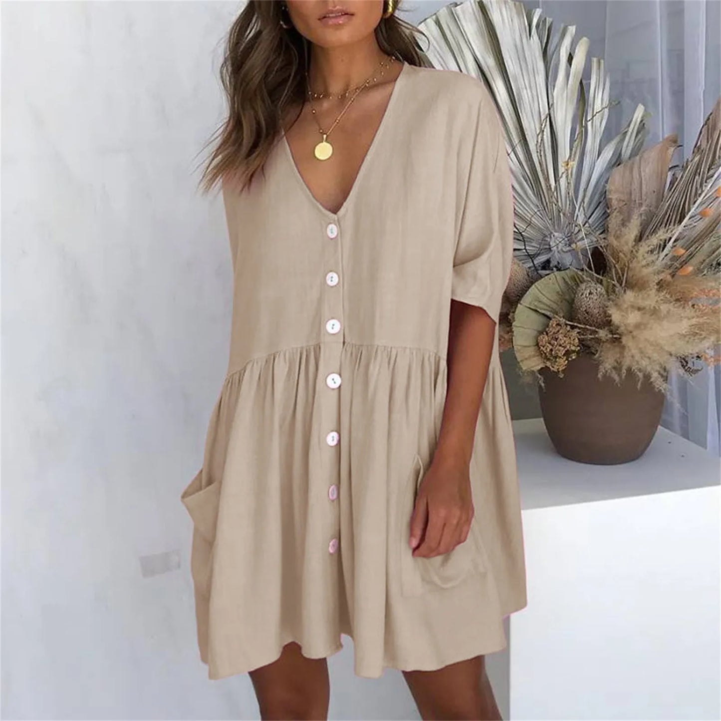 Women'S Dress Loose High Waist Draped Half Sleeve Mini Dress Casual Single Breasted Pocket Ladies Dress Summer Vestidos