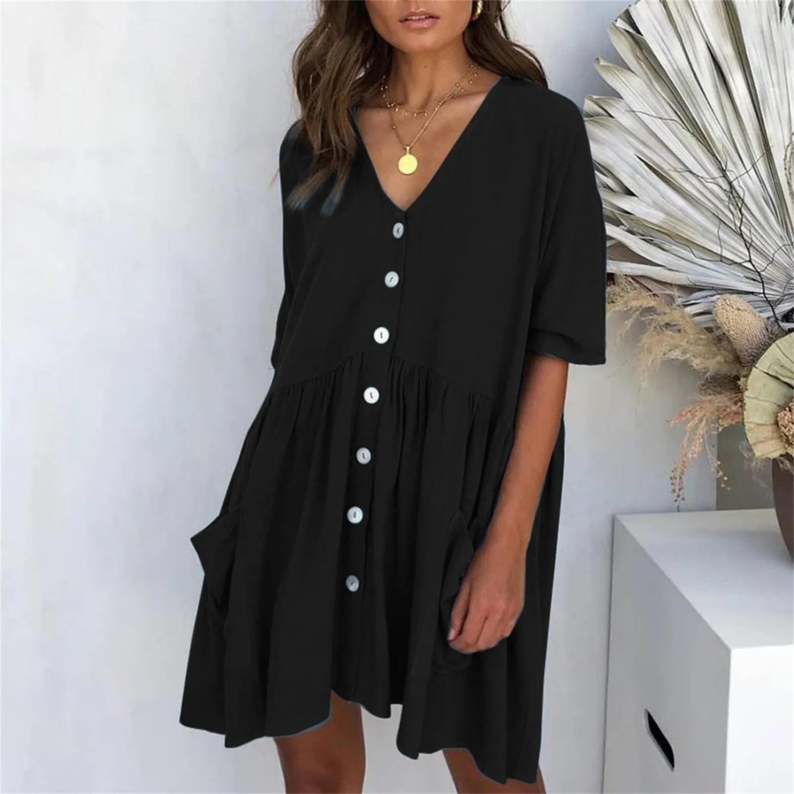 Women'S Dress Loose High Waist Draped Half Sleeve Mini Dress Casual Single Breasted Pocket Ladies Dress Summer Vestidos