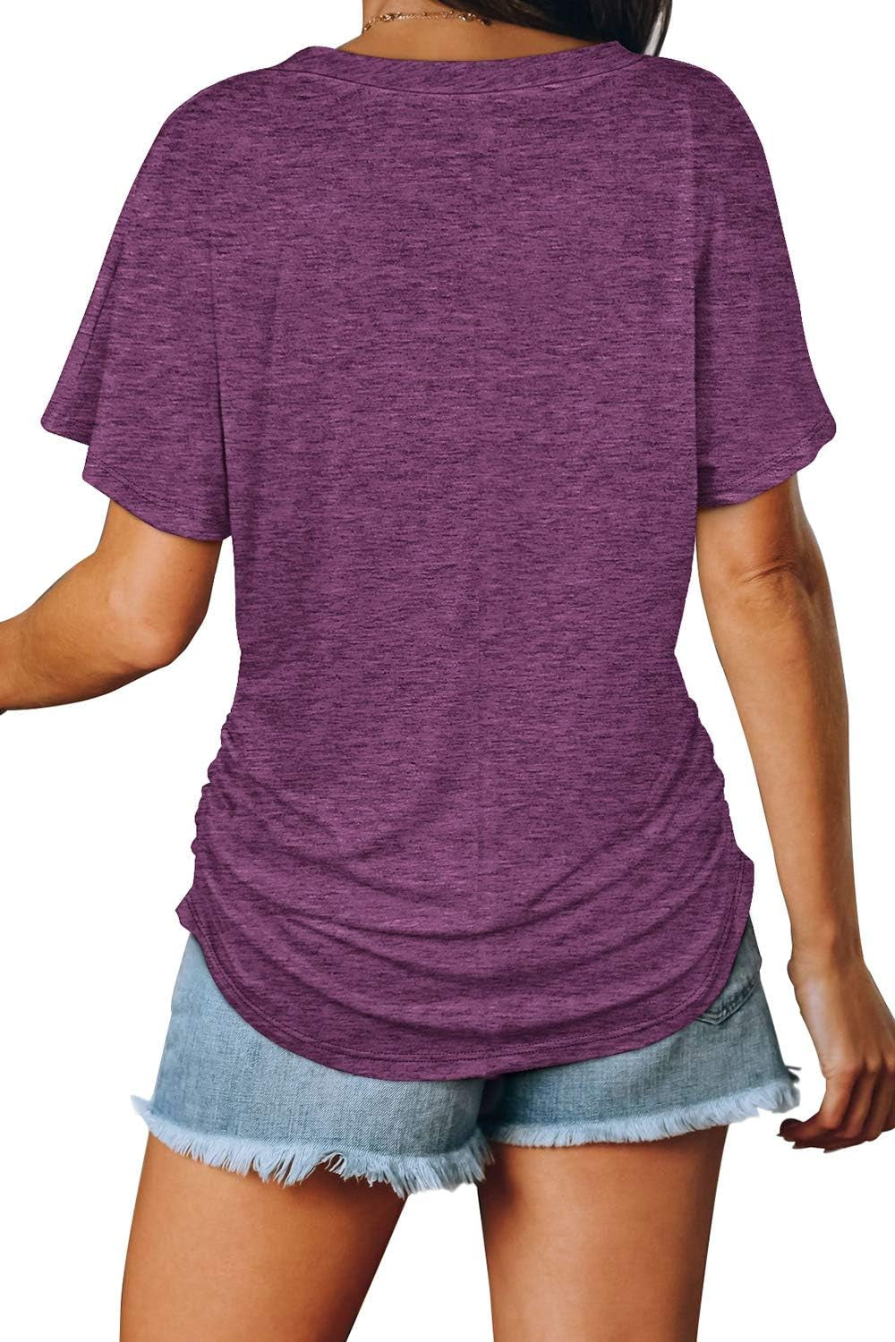 Womens Short Sleeve V Neck Dolman Tops with Side Shirring Loose Fit Shirts