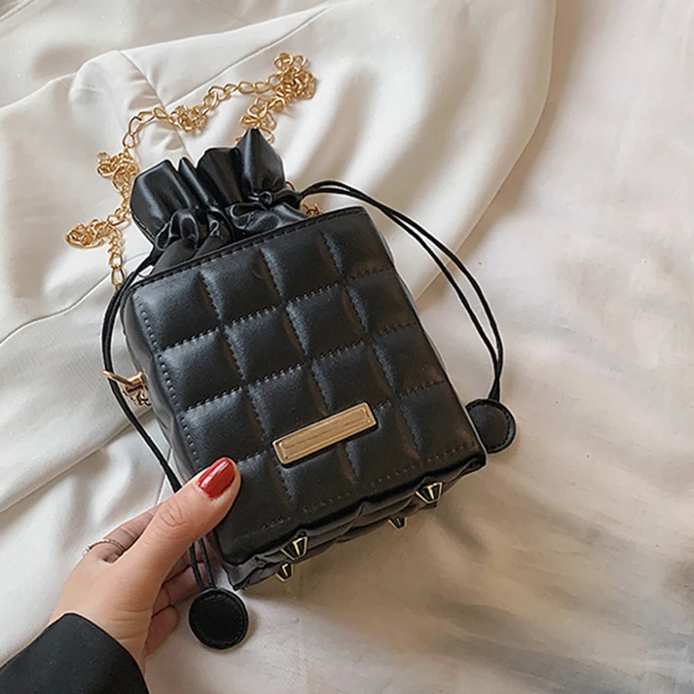 Vintage Checker Chain Cube Messenger Bag Women Drawstring PU Leather Small Purse