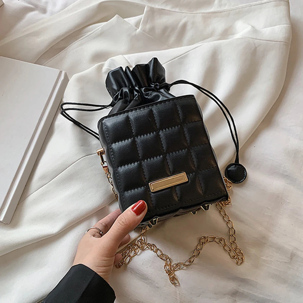 Vintage Checker Chain Cube Messenger Bag Women Drawstring PU Leather Small Purse