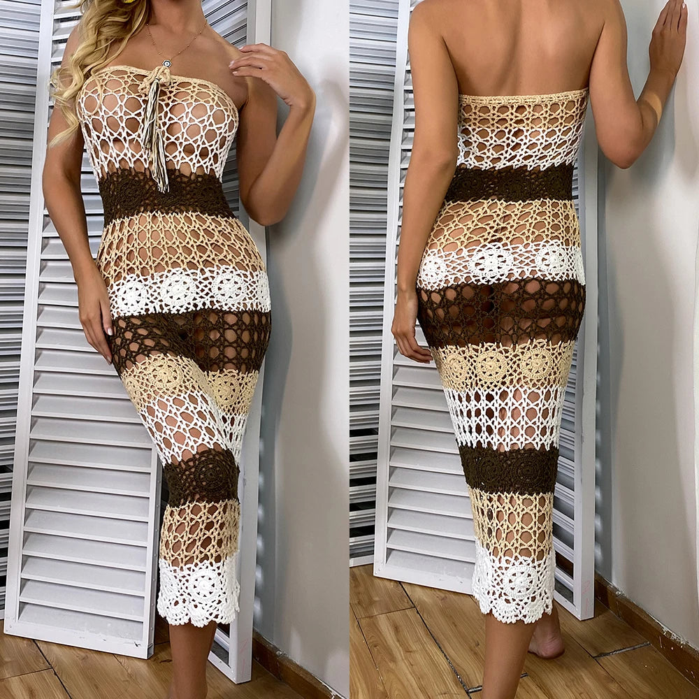 Women Lace Crochet Stitching Maxi Dress Beach Dress Bohemian Summer Casual Dress Cover up Swimsuit Beachwear