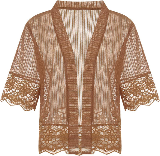Lace Sheer Cardigan Short Sleeve Ruffle Open Front Tops for Women