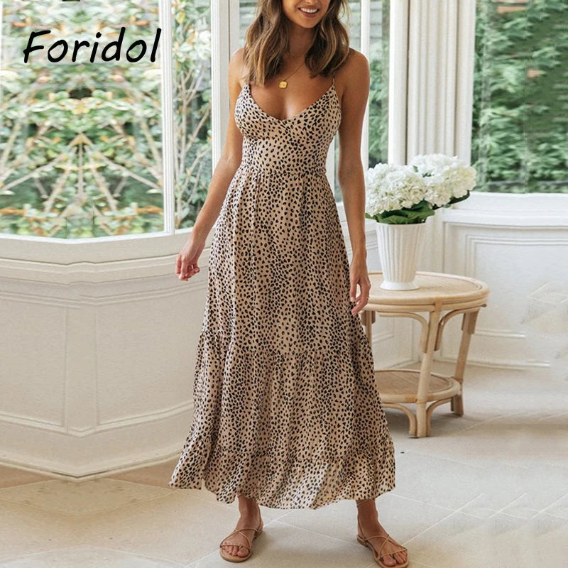 Elegant Backless Lace up Summer Dress Women Clothing Sleeveless Leopard Maxi Boho Beach Dress Lady Long Vestido Feminino
