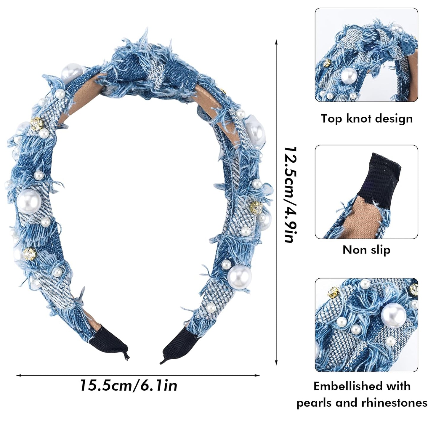Denim Headband Pearl Knotted Hairband for Women Girls Cute Sparkle Diamond Headband Non Slip Embellished Wide Top Knot Hairband for Thin Thick Long Curly Hair Accessories Party Decoration
