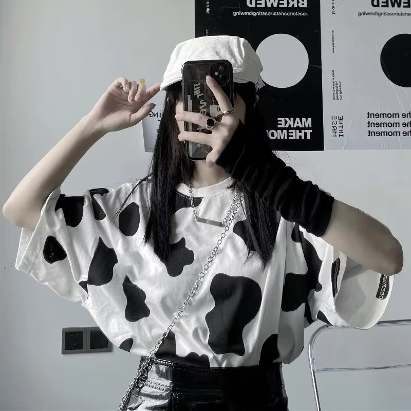Harajuku Tees Fashion Harajuku T-Shirt Woman Tshirts Cow Print Oversized Casual Loose Short Sleeve T-Shirt Streetwear Tops